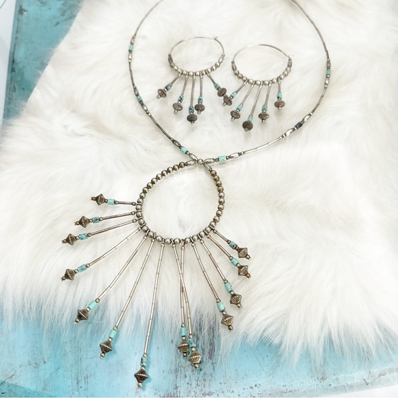 Old Pawn Sterling Silver Necklace/Earring Set Turquoise Heishi Beaded Dangles - Picture 8 of 10